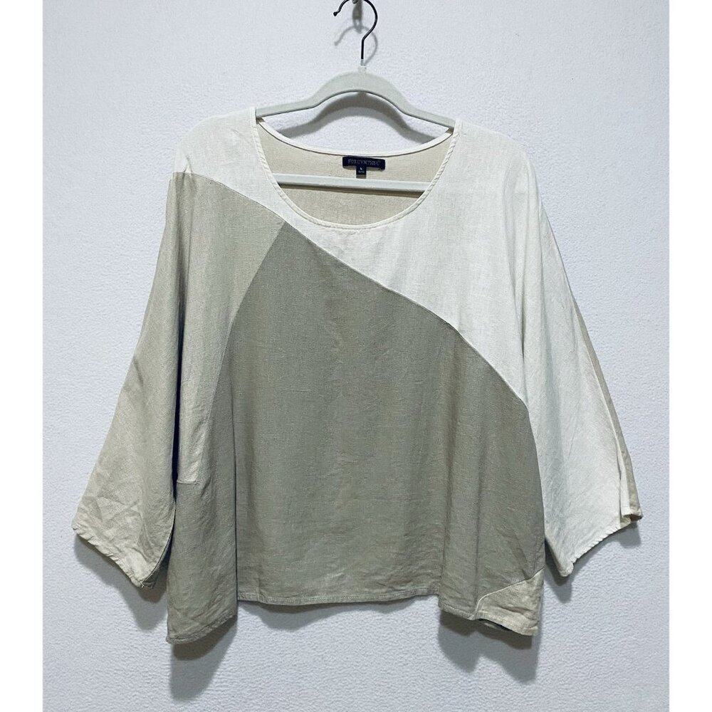 For Cynthia Top Womens Large Neutral Color Block Boxy Linen Blend Lagenlook